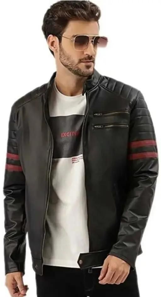 Men's Solid Rexine Leather Black Jacket